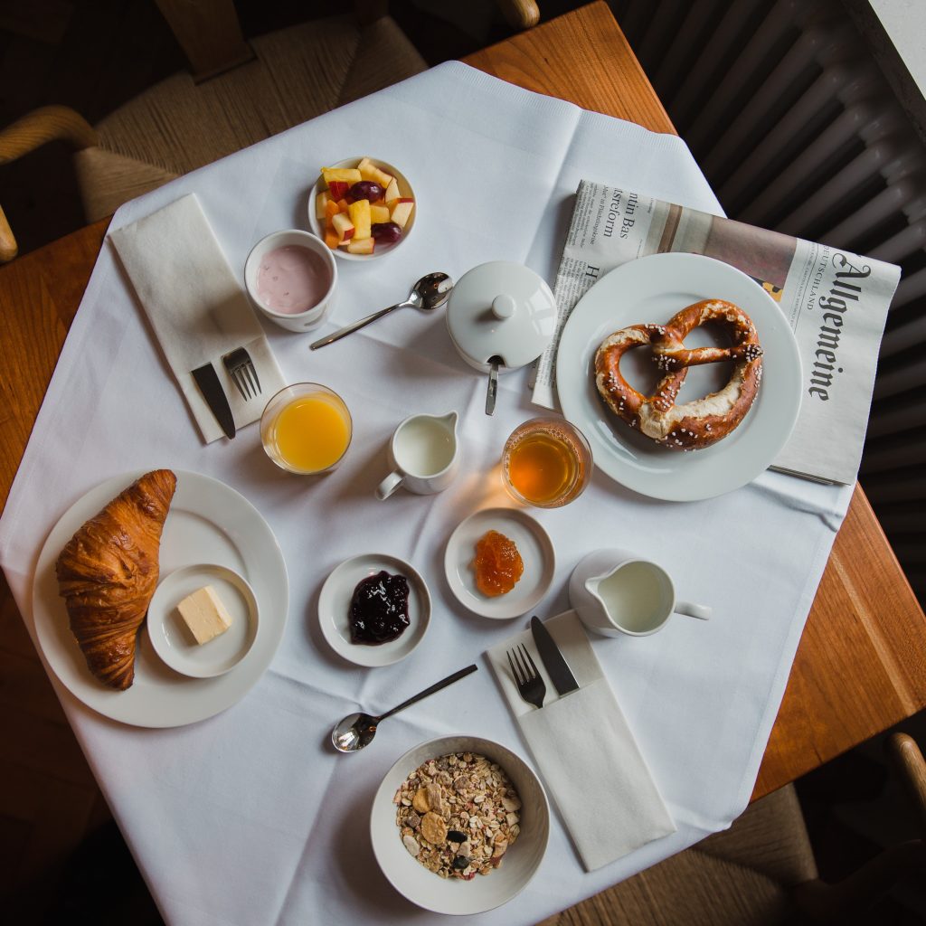 View from above on a diverse breakfast table